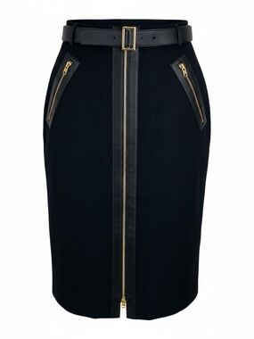 Auth Gucci by Tom Ford zipper Pencil Skirt with Gold & Leather accents 42 M